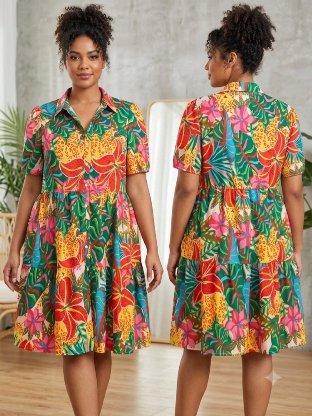 Vibrant Tropical Animal Print  Button Front  Tiered Midi Dress Women Sz 3XL
